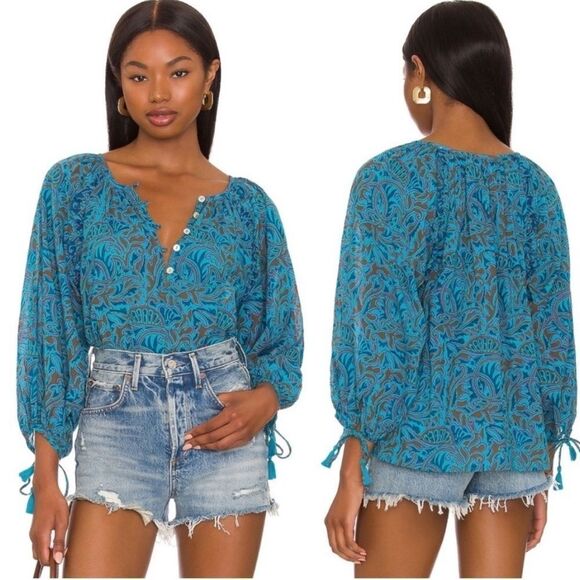 Cleobella Jayda Blouse Zuri Blue Block Print - Picture 1 of 12